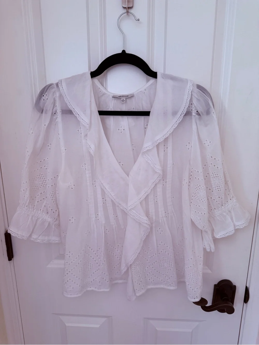 Madewell White Eyelet Ruffle V-Neck Blouse